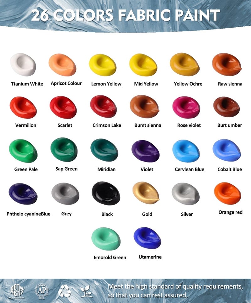 Colorful طقم طلاء قماش ملون مع 6 فرش، 1 لوحة، 26 لون طلاء قماش دائم مقاوم للماء للبالغين للرسم على الملابس والأحذية واللوحات - Image 2