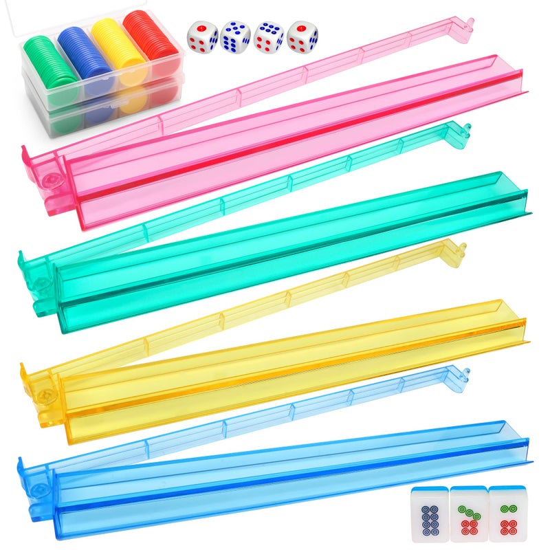 Coolrunner 4PCS Mahjong Racks with Pushers Mahjong AllinOne Tile Rack Pusher Acrylic American Majiang Tile Racks Multi Color Acrylic Mahjong Racks with 2 Sets 4 Colors Bingo Chips and 4pcs dice - Image 3