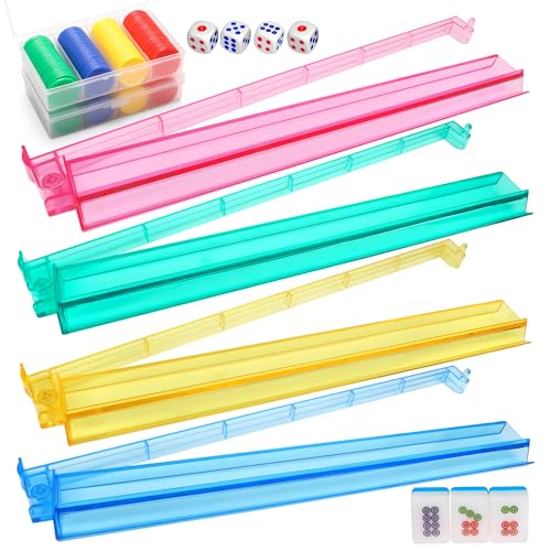Coolrunner 4PCS Mahjong Racks with Pushers Mahjong AllinOne Tile Rack Pusher Acrylic American Majiang Tile Racks Multi Color Acrylic Mahjong Racks with 2 Sets 4 Colors Bingo Chips and 4pcs dice - Image 1