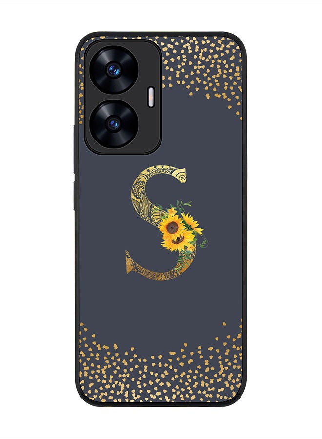 Rugged Black edge case for Realme C55 4G Slim fit Soft Case Flexible Rubber Edges Anti Drop TPU Gel Thin Cover -  Custom Monogram Initial Letter Floral Pattern Alphabet - S  (Grey )