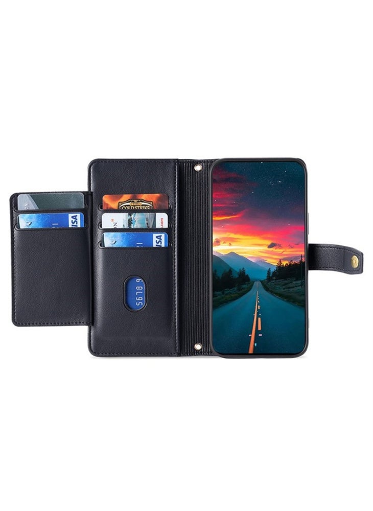 جراب جلدي بسحاب وجيب ومحفظة وغطاء هاتف مع حزامين لهاتف Xiaomi Redmi 15C 4G (عالمي) (171 مم)/Poco C85 4G (171 مم) - أسود - Image 2