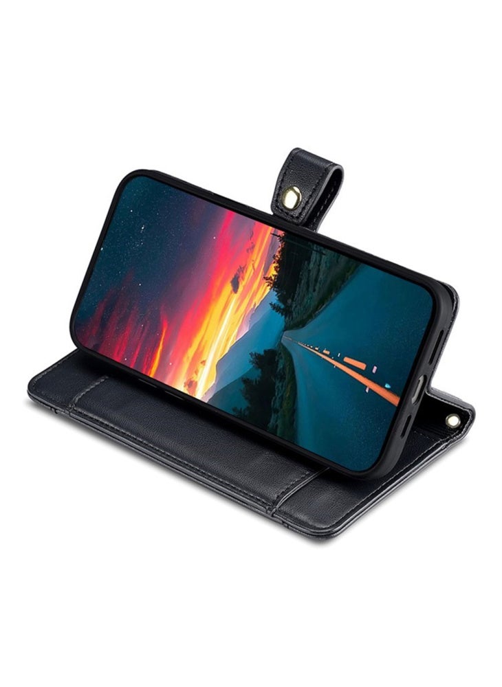 جراب جلدي بسحاب وجيب ومحفظة وغطاء هاتف مع حزامين لهاتف Xiaomi Redmi 15C 4G (عالمي) (171 مم)/Poco C85 4G (171 مم) - أسود - Image 3
