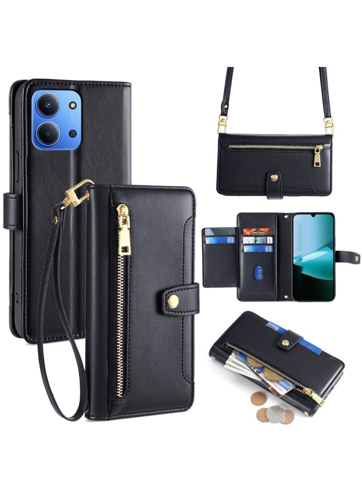 جراب جلدي بسحاب وجيب ومحفظة وغطاء هاتف مع حزامين لهاتف Xiaomi Redmi 15C 4G (عالمي) (171 مم)/Poco C85 4G (171 مم) - أسود - Image 1