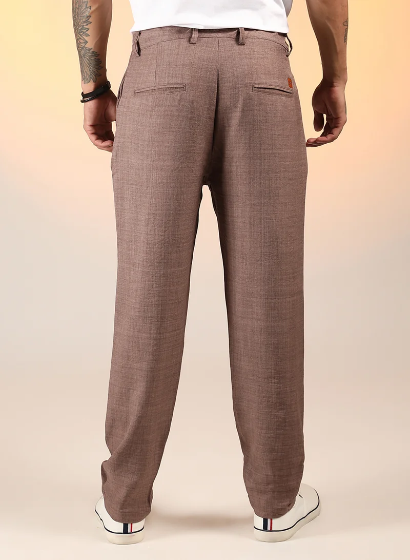 Campus Sutra Men's Ash Brown Solid Pleated Trousers