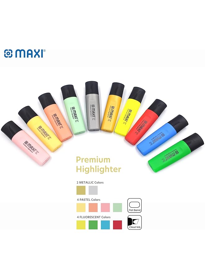 Maxi Super Fluo Highlighter Wallet Of 10Pcs Assorted Colors 4 Classic + 4 Pastel + 2 Metallic - Image 2