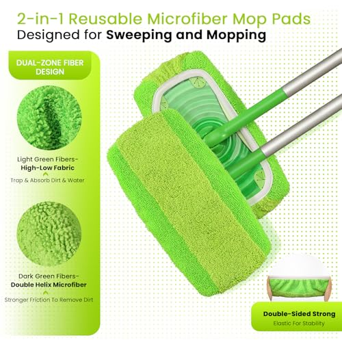 Snuvid 2-in-1 Reusable Microfiber Mop Pads Compatible with Swiffer Sweeper for Wet Mopping & Dry Sweeping, Two Types of Washable Heavy-Duty Mop Pad Refills for Multiple Floor Types Cleaning - 4Pcs, Green - Image 3