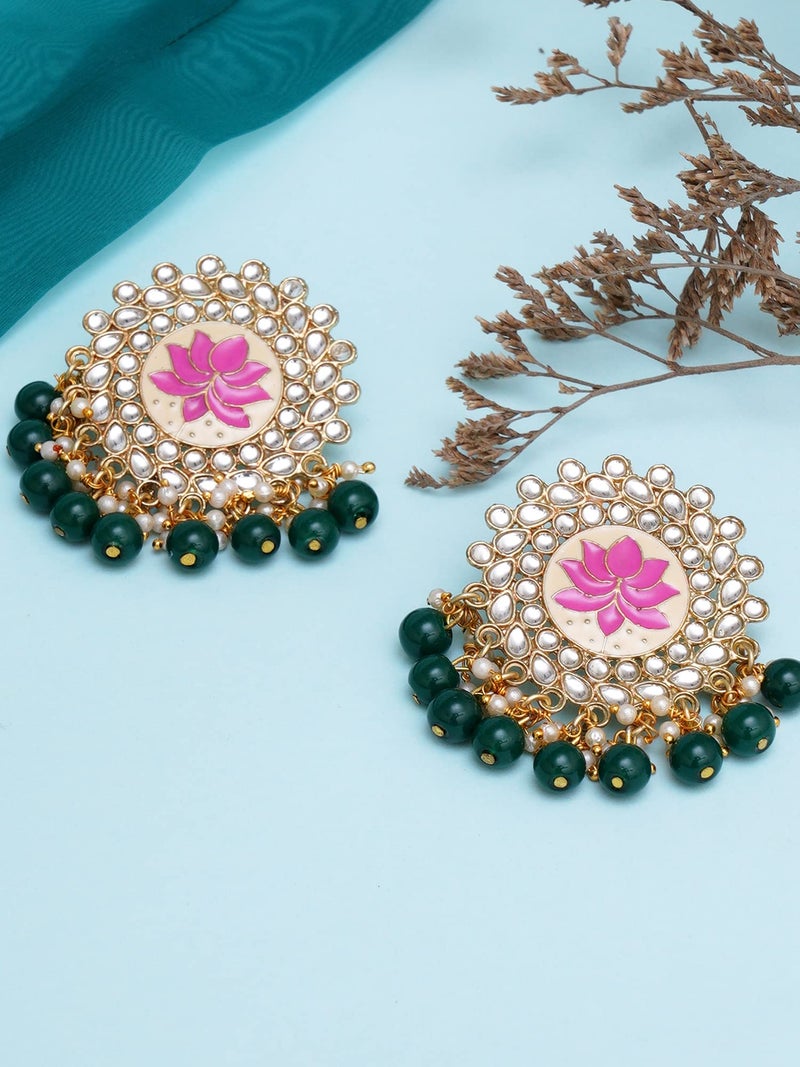Karatcart Gold Plated Pink Meena Green Beads Kundan Stud Earrings for Women - Image 3