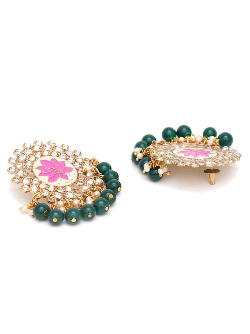 Karatcart Gold Plated Pink Meena Green Beads Kundan Stud Earrings for Women - Image 5
