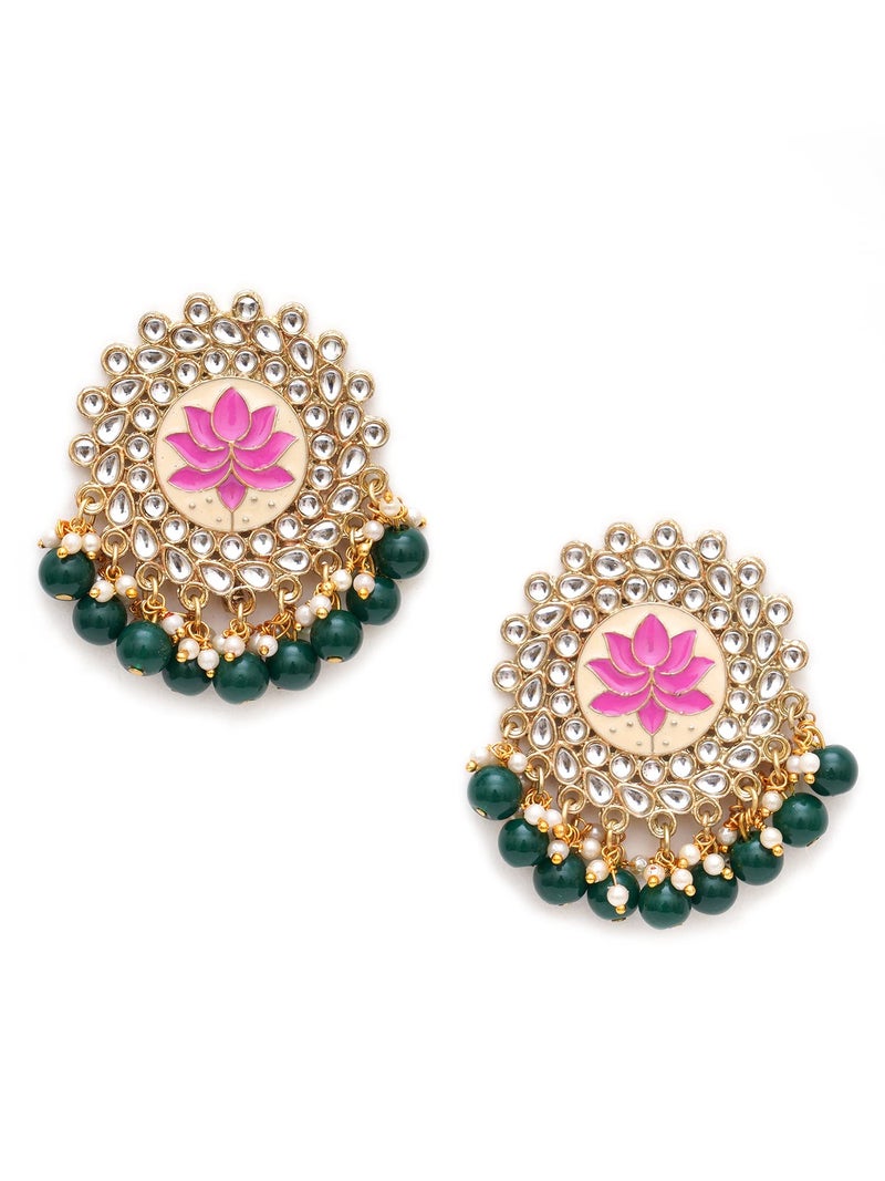 Karatcart Gold Plated Pink Meena Green Beads Kundan Stud Earrings for Women - Image 1