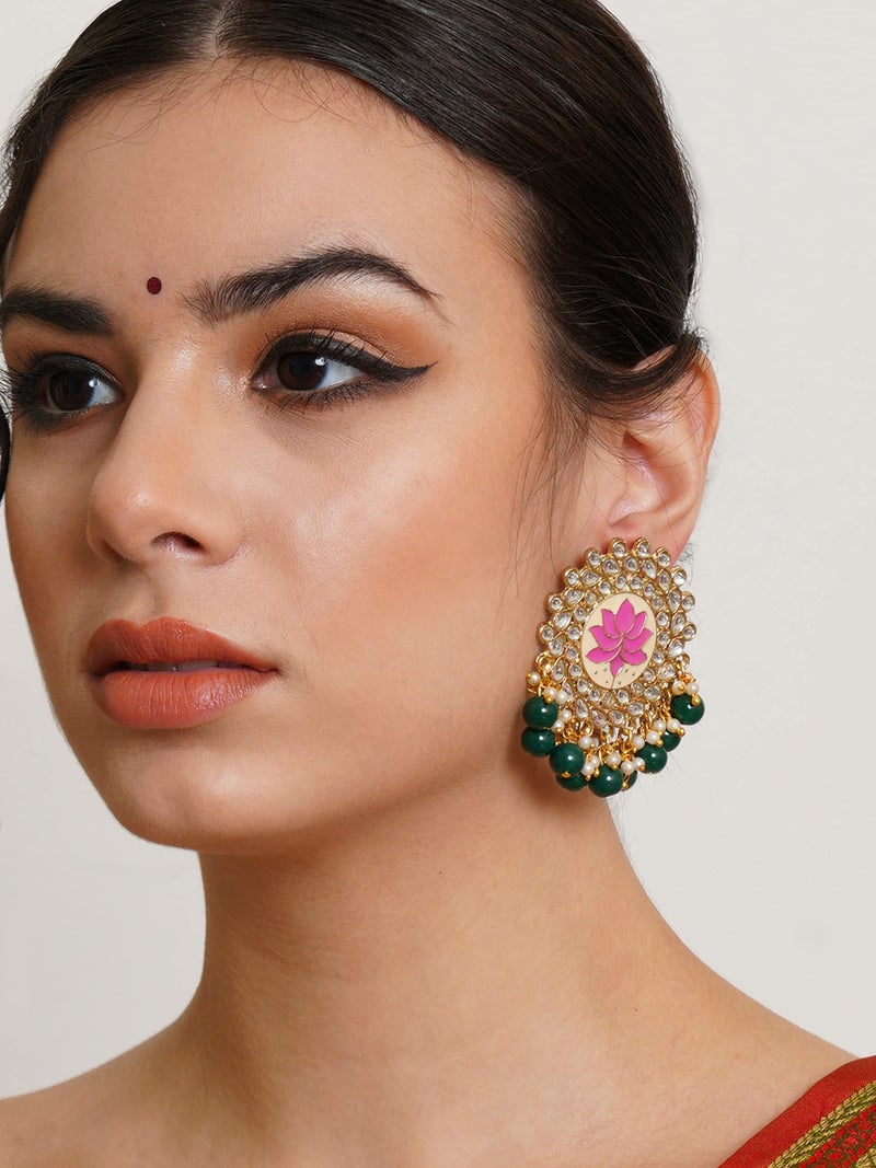 Karatcart Gold Plated Pink Meena Green Beads Kundan Stud Earrings for Women - Image 2