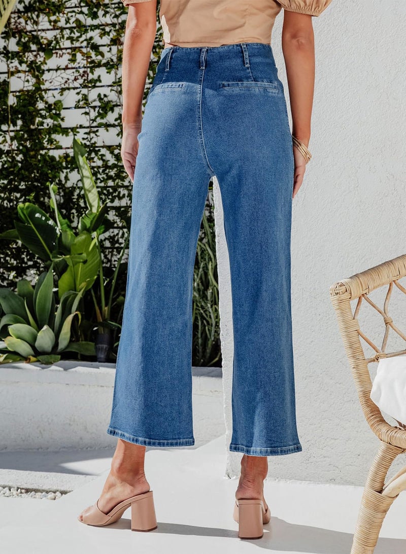 Sidefeel Women's Wide Leg Jeans High Waisted Stretchy Zimbaplatinum Straight Leg Jeans Buttoned Loose Denim Pants with Pocket Blue Size 10 - Image 2