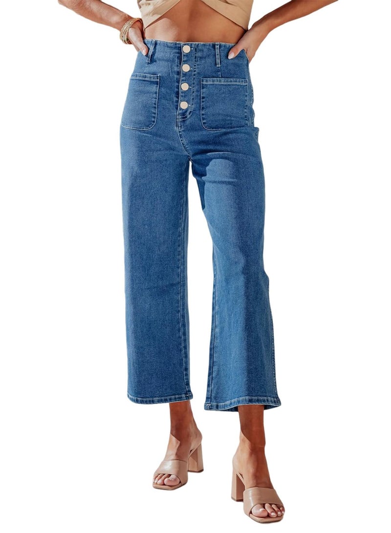 Sidefeel Women's Wide Leg Jeans High Waisted Stretchy Zimbaplatinum Straight Leg Jeans Buttoned Loose Denim Pants with Pocket Blue Size 10 - Image 1