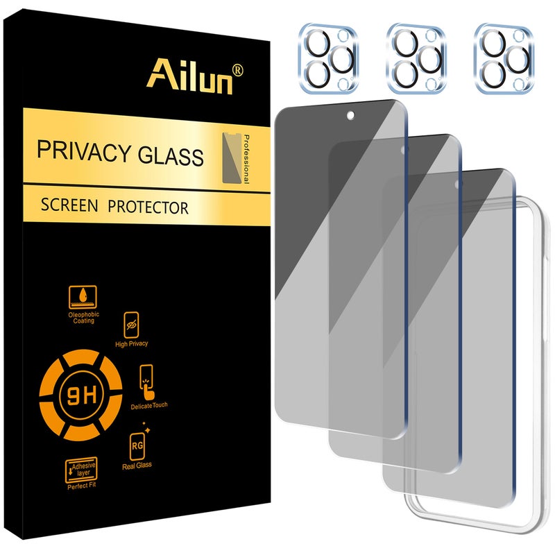 Ailun حماية شاشة خصوصية Ailun 3Pack لجهاز iPhone 15 Pro Max [6.7 بوصة] + 3Pack حماية عدسة الكاميرا، حماية المستشعر، متوافق مع Dynamic Island، زجاج مقسى مضاد للتجسس [9H صلابة] - HD [أسود] [6 عبوات] - Image 1