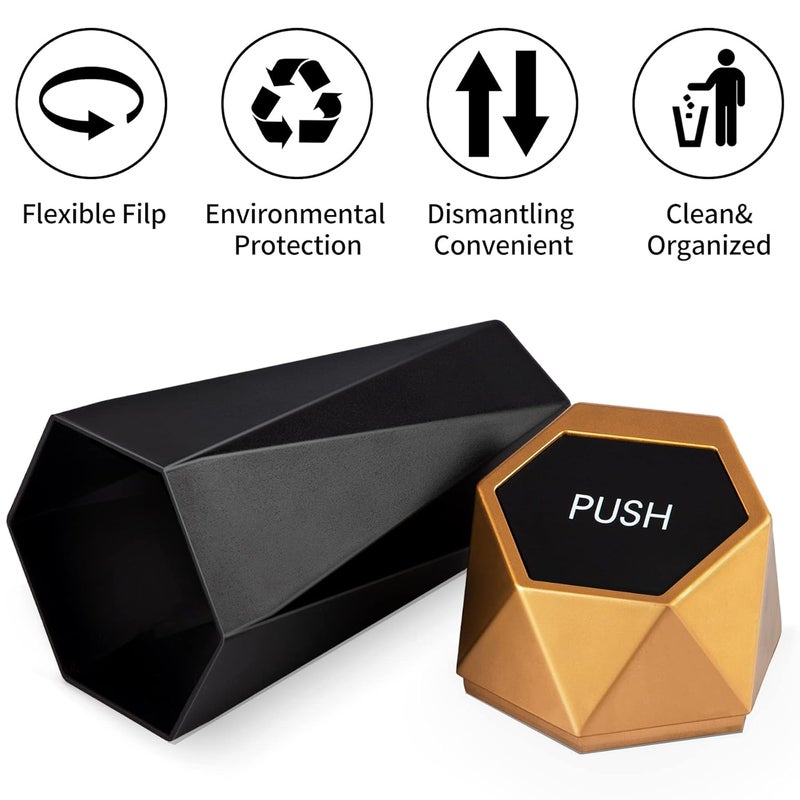 JUSTTOP Car Trash Can with Lid, Diamond Design Small Automatic Portable Trash Can, Easy to Clean, Used in Car Home Office (Gold) - Image 2