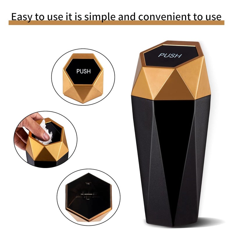 JUSTTOP Car Trash Can with Lid, Diamond Design Small Automatic Portable Trash Can, Easy to Clean, Used in Car Home Office (Gold) - Image 3