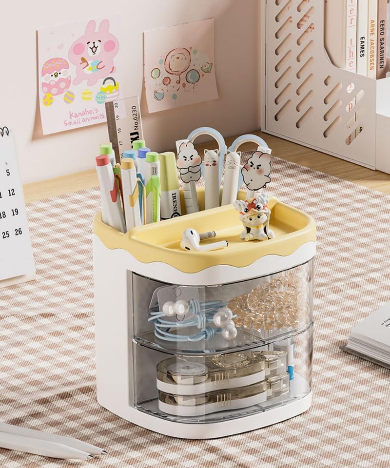 HOME CUBE Plastic Desk Organizer With Drawer Desktop Office Stationery Storage Box Desk Accessories Table Organiser Study Table Office Table Pen Stand- 2035 (Yellow) - Image 1