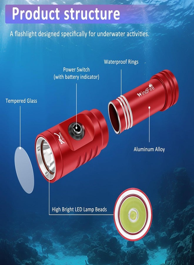WINDFIRE TS08 Dive Light Super Bright, Scuba Flashlight Rechargeable, IPX8 Waterproof 197 ft Depth Underwater Flashlight, 3 Modes & Power Indicator, Snorkeling Torch for Night Diving - Image 5