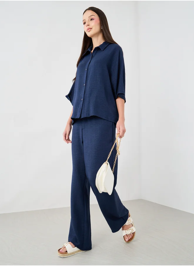 Take Two Solid Spread Collar Shirt and Pants Co-Ords