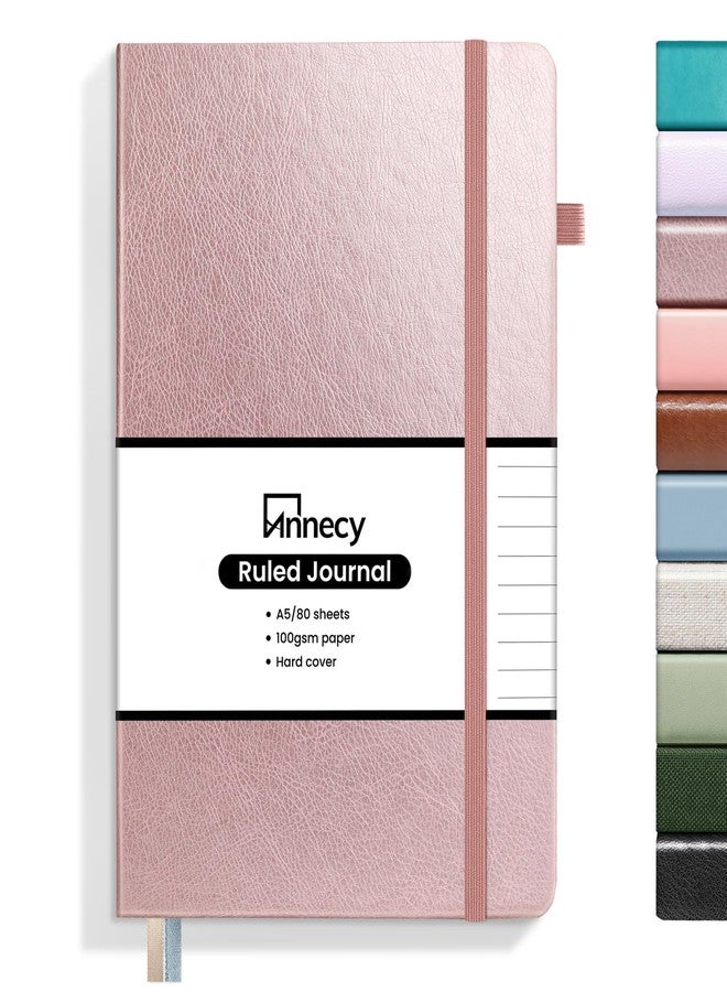 Annecy Numbered College Ruled Lined Journal Notebook, Medium 5.5x 8.25, 160 Pages 100GSM Writing Paper, A5 Rose Gold Faux Leather Cover with Pen Loop - Image 1