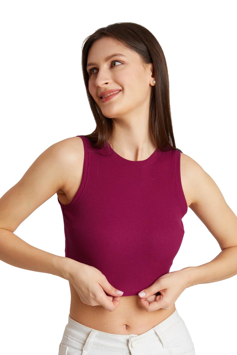 Berry&Bird BERRY BIRD® Stylish Sleeveless Round Neck Ribbed Tank Tops for Women & Girls Slim Fit Collarless Beach, Gym Wear and Western Trendy Fashion Wine - Image 1