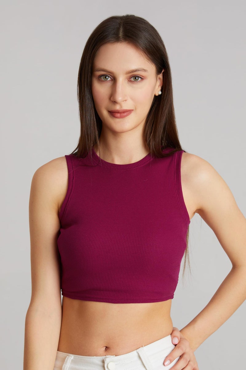 Berry&Bird BERRY BIRD® Stylish Sleeveless Round Neck Ribbed Tank Tops for Women & Girls Slim Fit Collarless Beach, Gym Wear and Western Trendy Fashion Wine - Image 4