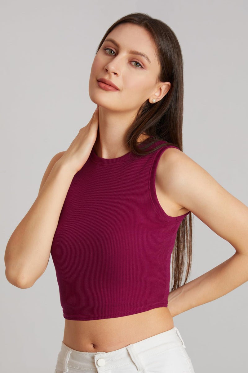 Berry&Bird BERRY BIRD® Stylish Sleeveless Round Neck Ribbed Tank Tops for Women & Girls Slim Fit Collarless Beach, Gym Wear and Western Trendy Fashion Wine - Image 5