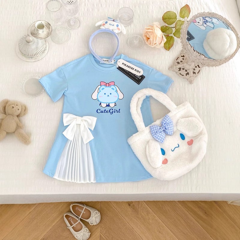 New Summer Girls Cartoon Cute dress T-Shirt Skirt Short-sleeved Childrens Princess Bow Skirt Blue Skirt [879#]#] 