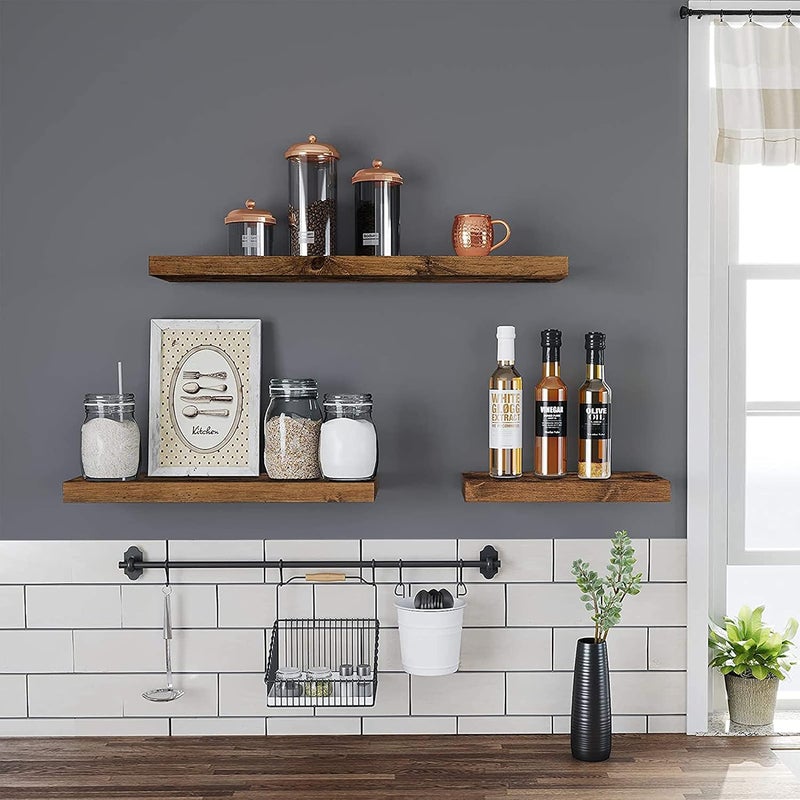 OGNIJA Sheesham Wooden Set of 3Floating Shelf Wall Shelf for Photos Decorations in Living Room Kitchen Hallway Bedroom Bathroom Rustic Brown Walnut Finish - Image 2