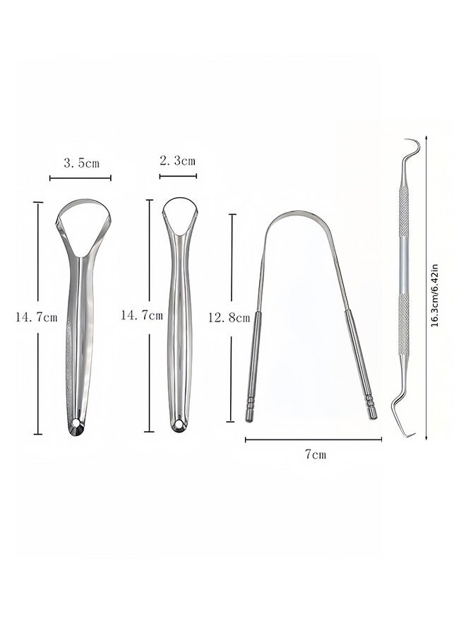 Generic 4PCS Stainless Steel Tongue Scraper & Dental Pick Set – Metal Oral Hygiene Tools with Storage Case for Fresh Breath & Daily Cleaning (Silver)  - Image 2