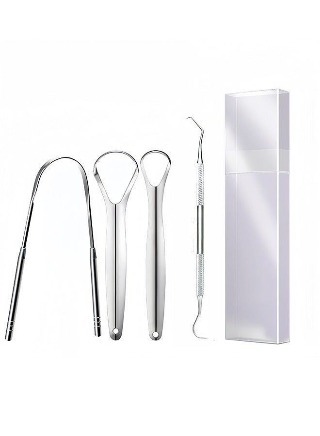 Generic 4PCS Stainless Steel Tongue Scraper & Dental Pick Set – Metal Oral Hygiene Tools with Storage Case for Fresh Breath & Daily Cleaning (Silver)  - Image 1