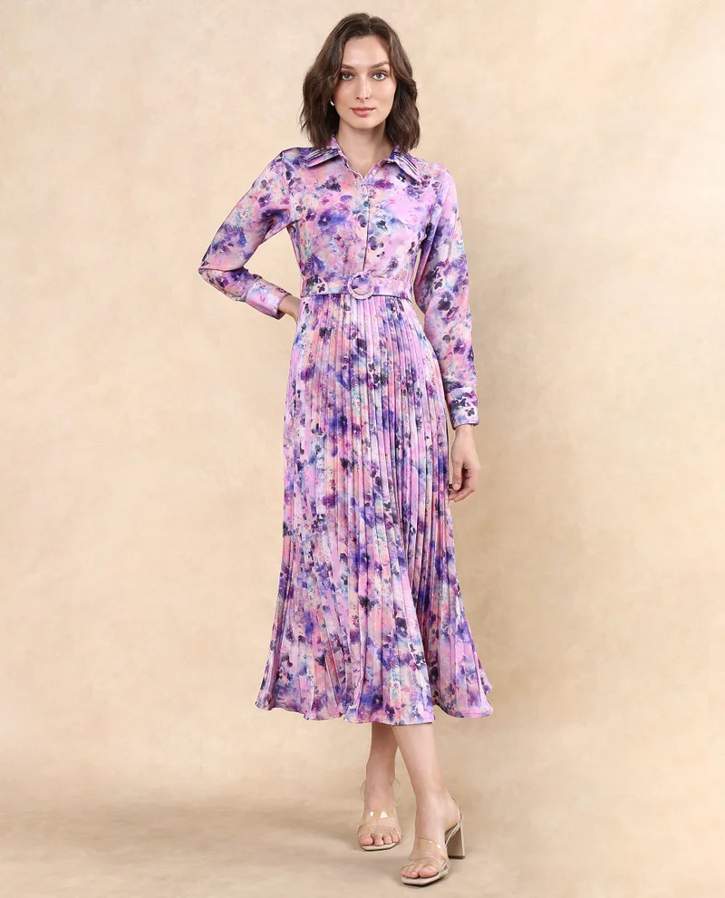 ريريزم Women's Printed Shirt Dress With Pleated Flare