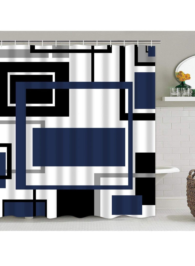 SOLARAE Shower Curtain Sets 4 Pcs Blue Geometric Shower Curtain Sets with 12 Hooks Non-Slip Rugs U-Shaped Bath Mat Toilet Cover Abstract Geometric Modern Black and Blue Bathroom Set - Image 3