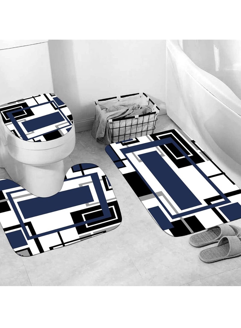 SOLARAE Shower Curtain Sets 4 Pcs Blue Geometric Shower Curtain Sets with 12 Hooks Non-Slip Rugs U-Shaped Bath Mat Toilet Cover Abstract Geometric Modern Black and Blue Bathroom Set - Image 4