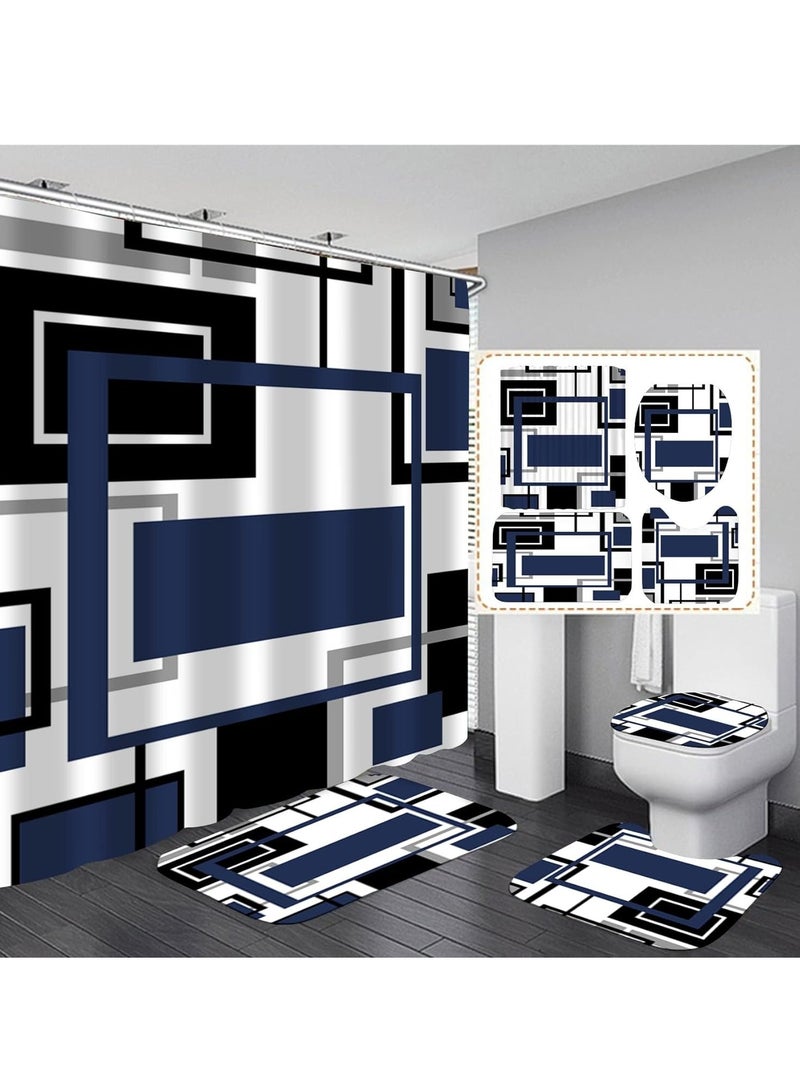 SOLARAE Shower Curtain Sets 4 Pcs Blue Geometric Shower Curtain Sets with 12 Hooks Non-Slip Rugs U-Shaped Bath Mat Toilet Cover Abstract Geometric Modern Black and Blue Bathroom Set - Image 1