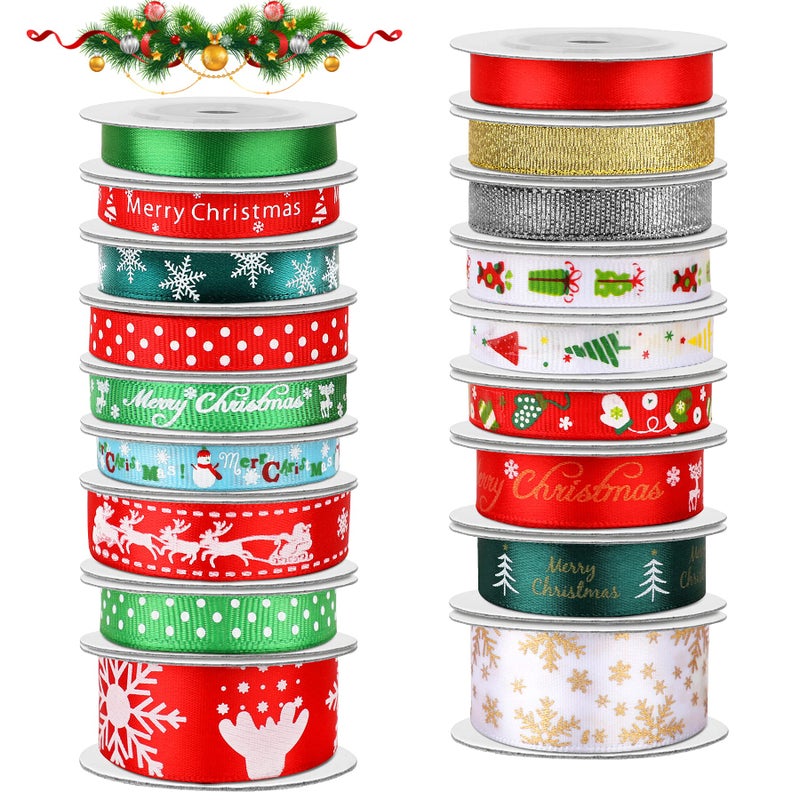 SANNIX 18 Rolls 90 Yards Christmas Ribbons Holiday Printed Grosgrain Satin Ribbon Metallic Glitter Craft Fabric for Xmas Gift Wrapping Decoration 3 Sizes