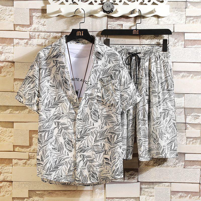 Generic Beach suit Mens Quick-drying Summer Ice Silk Short-sleeved Shirt Fashionable plus size Color Shorts Two-piece Set for Couples No. 8 color suit