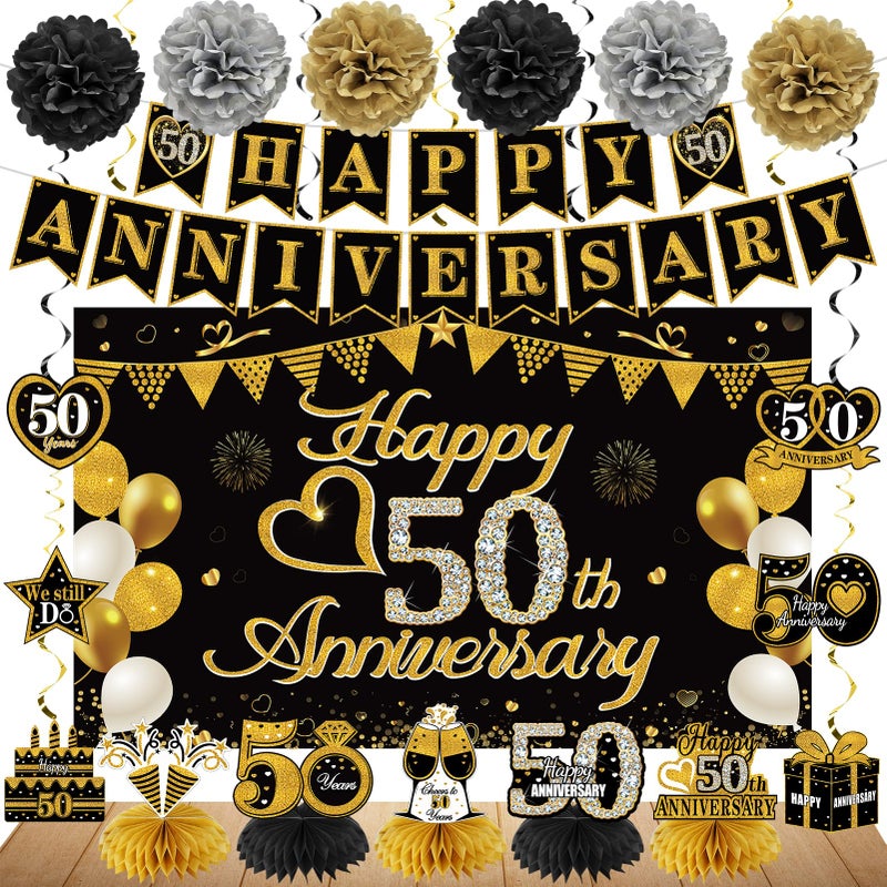 Turypaty Happy 50th Anniversary Decorations Kit Black Gold 50th Wedding Anniversary Party Supplies Large Happy Banner Backdrop Table Centerpieces Hanging Swirls Paper Pompoms