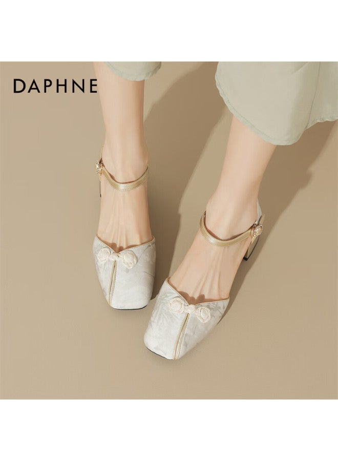 Daphne Women's New Chinese Style Chunky Heel Qipao Sandals With Ankle Strap 4024102010 Beige Size 37 - Image 3