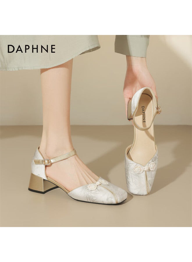 Daphne Women's New Chinese Style Chunky Heel Qipao Sandals With Ankle Strap 4024102010 Beige Size 37 - Image 4