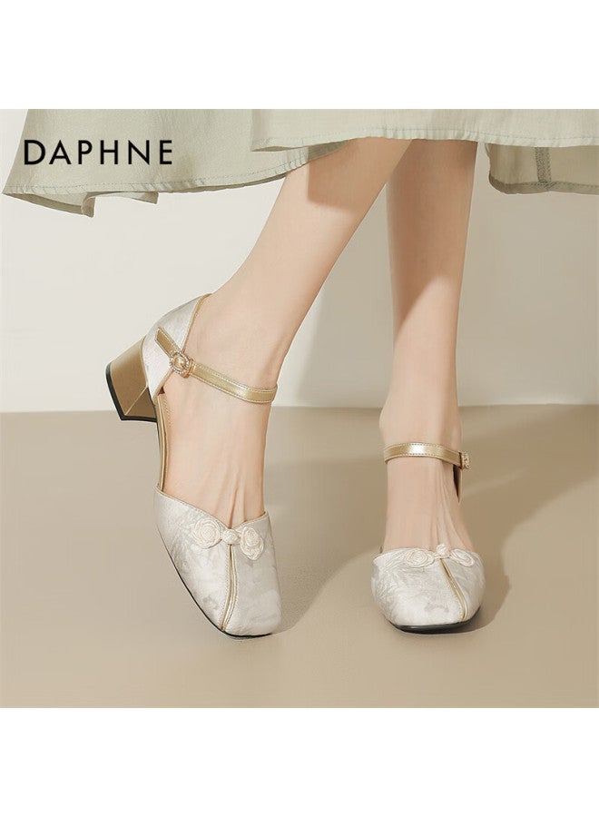Daphne Women's New Chinese Style Chunky Heel Qipao Sandals With Ankle Strap 4024102010 Beige Size 37 - Image 1