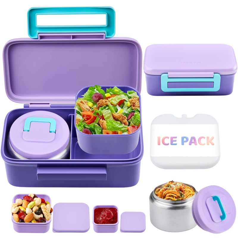 JXXM - Bento Lunch Box for Kids and Adults with 8oz Soup Thermos, Leakproof Lunch Container with 2 Compartments, Thermal Food Container for School (Purple) - Image 1