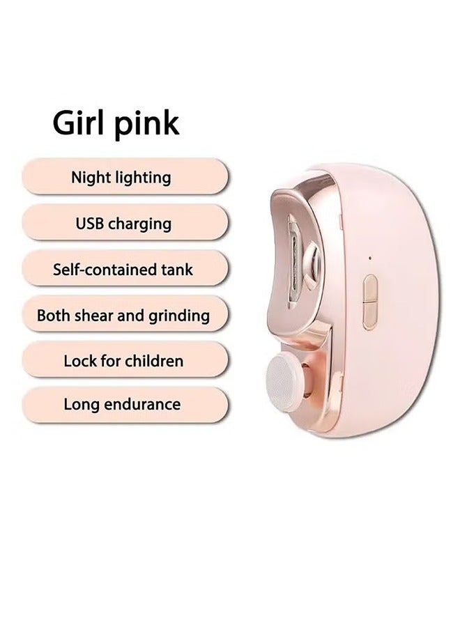 Electric Nail Clippers 2 in 1 Portable Rechargeable Electric Polishing Automatic Nail Clippers Pro with Light Safety Fingernail Trimmer for Newborn Infant Toddler or Adults Fingernails Care Pink