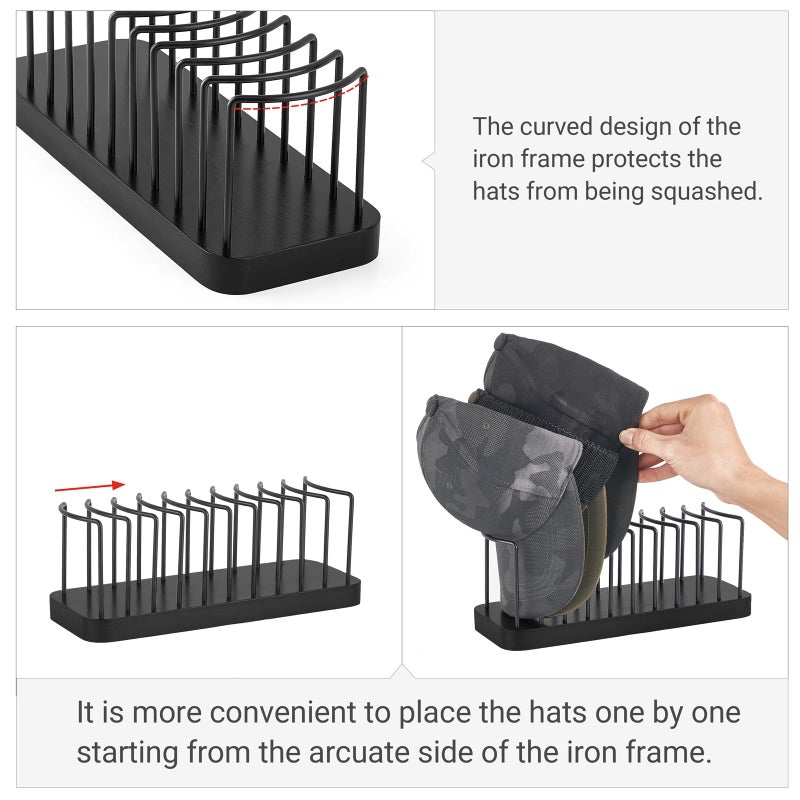 Mkono Hat Organizer for Baseball Caps, Hat Holder for 10 Baseball Caps, Tabletop Hat Rack Stand Hat Storage Display Cap Organizer for Desk Closet Shelf Dresser (Black, Small) - Image 3