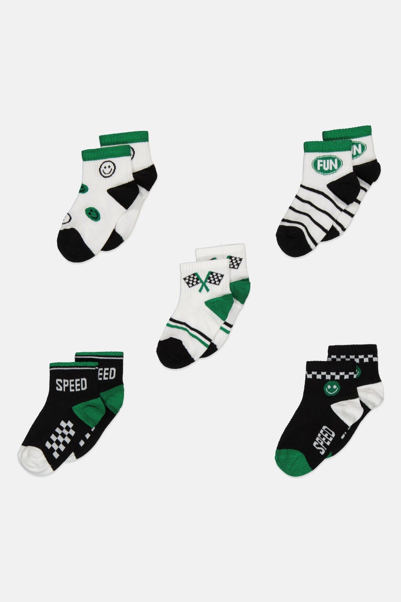 RBX Kids Boy 5 Pairs Graphic Printed Non Terry Quarter Socks, Multicolor - Image 1