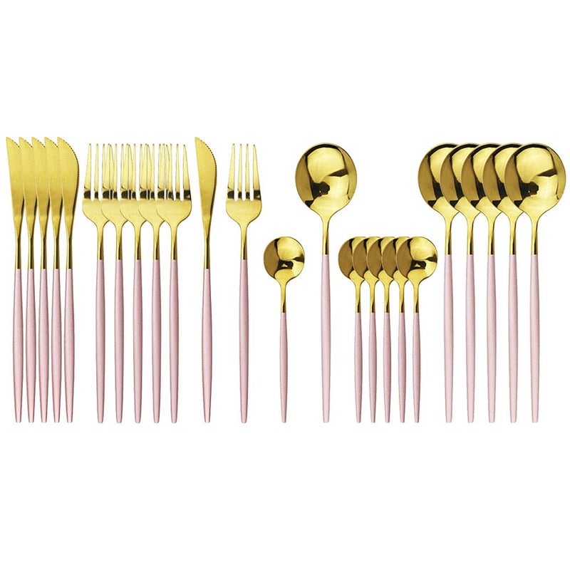 JASHII Flatware Serving Set 24 Piece Stainless Steel Silverware Set Pink Gold Cutlery Set Modern Elegant Tableware Set for Party Christmas Dinner Pink Gold