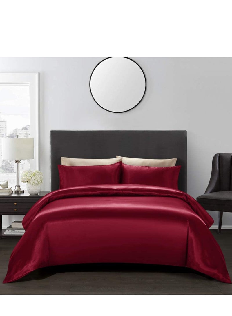 Bedding Duvet Cover Sets, 3 Pieces Satin Bedding Set, Queen Size Silky Duvet Covers Collection, 1x Cooling Duvet Cover 90x90 Inches and 2 Pillowcases, Comforter Not Included (Red）  - Image 1