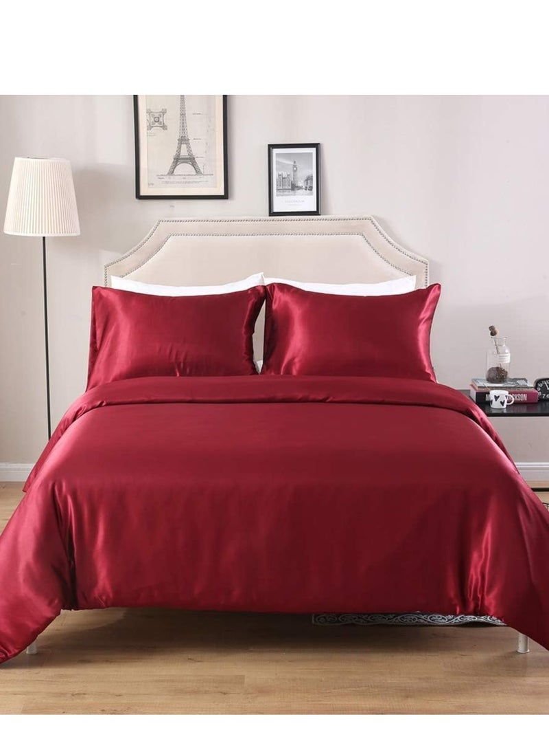 Bedding Duvet Cover Sets, 3 Pieces Satin Bedding Set, Queen Size Silky Duvet Covers Collection, 1x Cooling Duvet Cover 90x90 Inches and 2 Pillowcases, Comforter Not Included (Red）  - Image 4