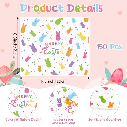 GROBRO7 Easter Wax Paper Sheet - 150Pcs Colorful Bunny Pattern Deli Papers, 9.8 x 8.3in Greaseproof Waterproof Disposable Food Wrap for Sandwich Picnic Basket Liner Kitchen Baking Party Supplies - Image 2