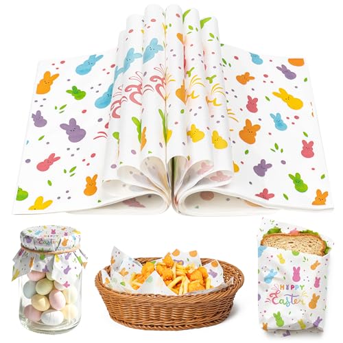 GROBRO7 Easter Wax Paper Sheet - 150Pcs Colorful Bunny Pattern Deli Papers, 9.8 x 8.3in Greaseproof Waterproof Disposable Food Wrap for Sandwich Picnic Basket Liner Kitchen Baking Party Supplies - Image 1