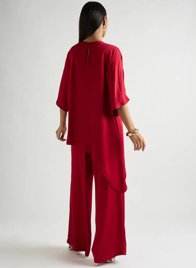 فيميلا طقم بلوزة ساتان غير متماثلة وبنطال